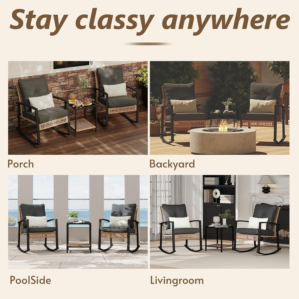3 Piece Patio Rocking Chairs Set of 2, Outdoor Rocking Chair Bistro Set with ...