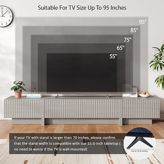 98" TV Stand for Living Room, Modern Entertainment Center with Drawers & Storage Compartments, Large TV Console Fits 55”-95” TVs, Square Top with Grooved Drawer Fronts & Stable Base,Grey