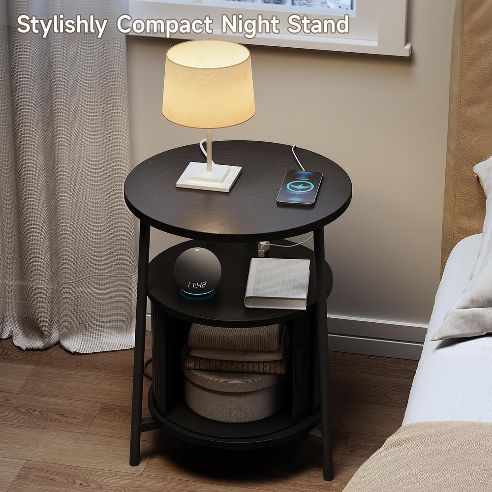 ONBRILL Round Side Table with Storage, Fluted Nightstand with Charging Statio...