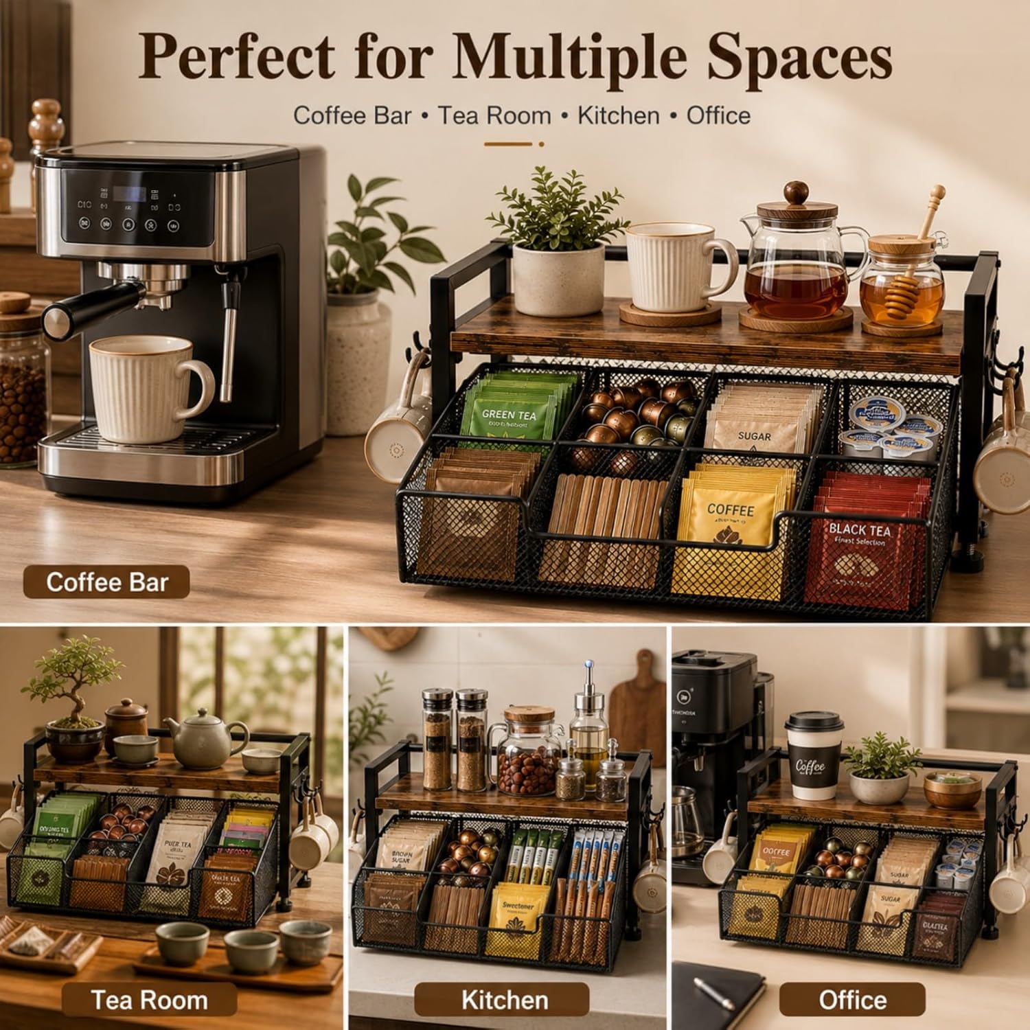 Tea Bag Organizer, Tea Bag Organizer Drawer, Wood Tea Organizers and Storage Chest Teabag Holder with Storage Drawer,Rustic Brown for Countertop Kitchen, Office