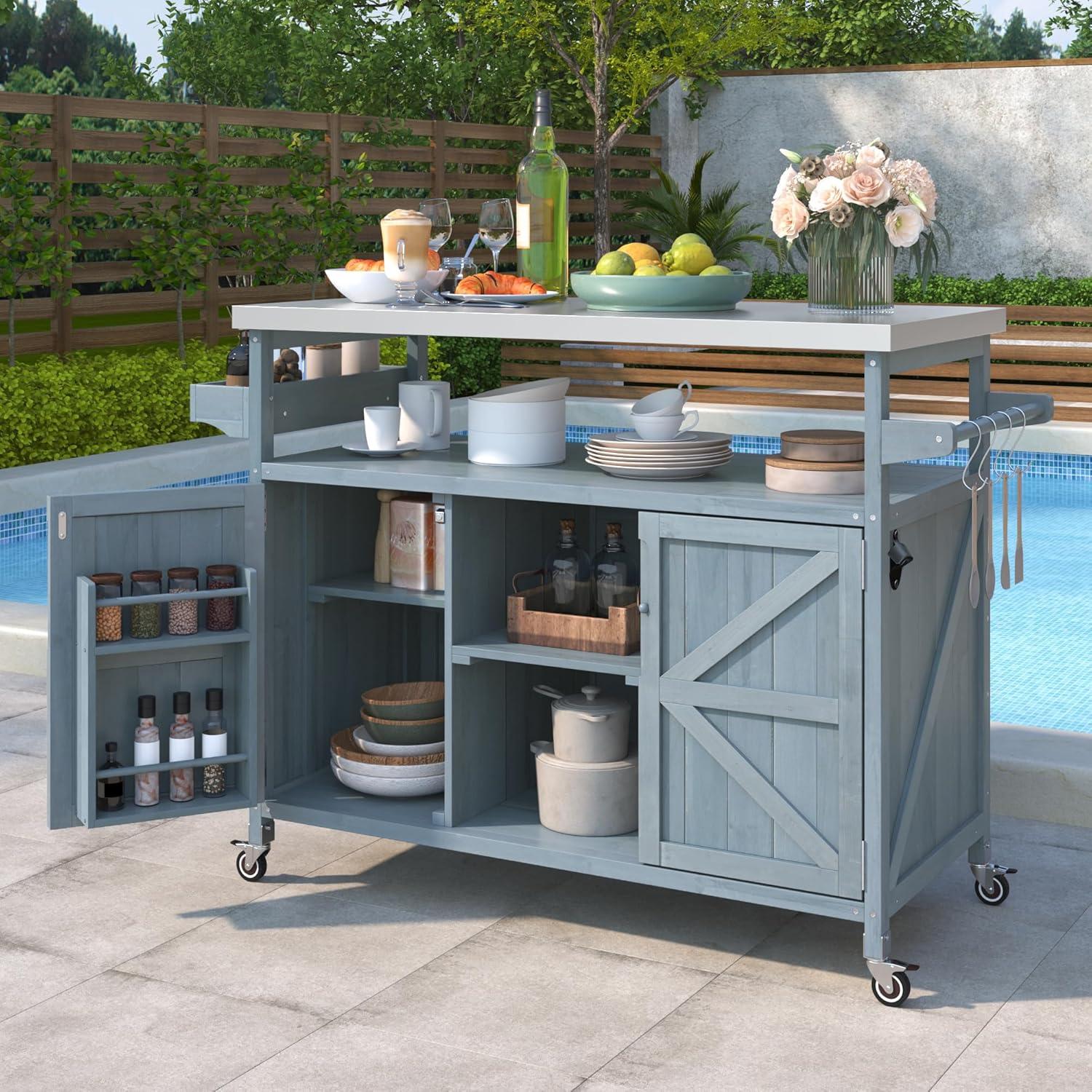 Outdoor Grill Cart with Storage, Rolling Bar Cart and Lockable Wheels, Farmhouse Solid Wood Outdoor Grill Table with Stainless Steel Top, Spice Rack, Towel Rack for Kitchen and BBQ, Grey Blue