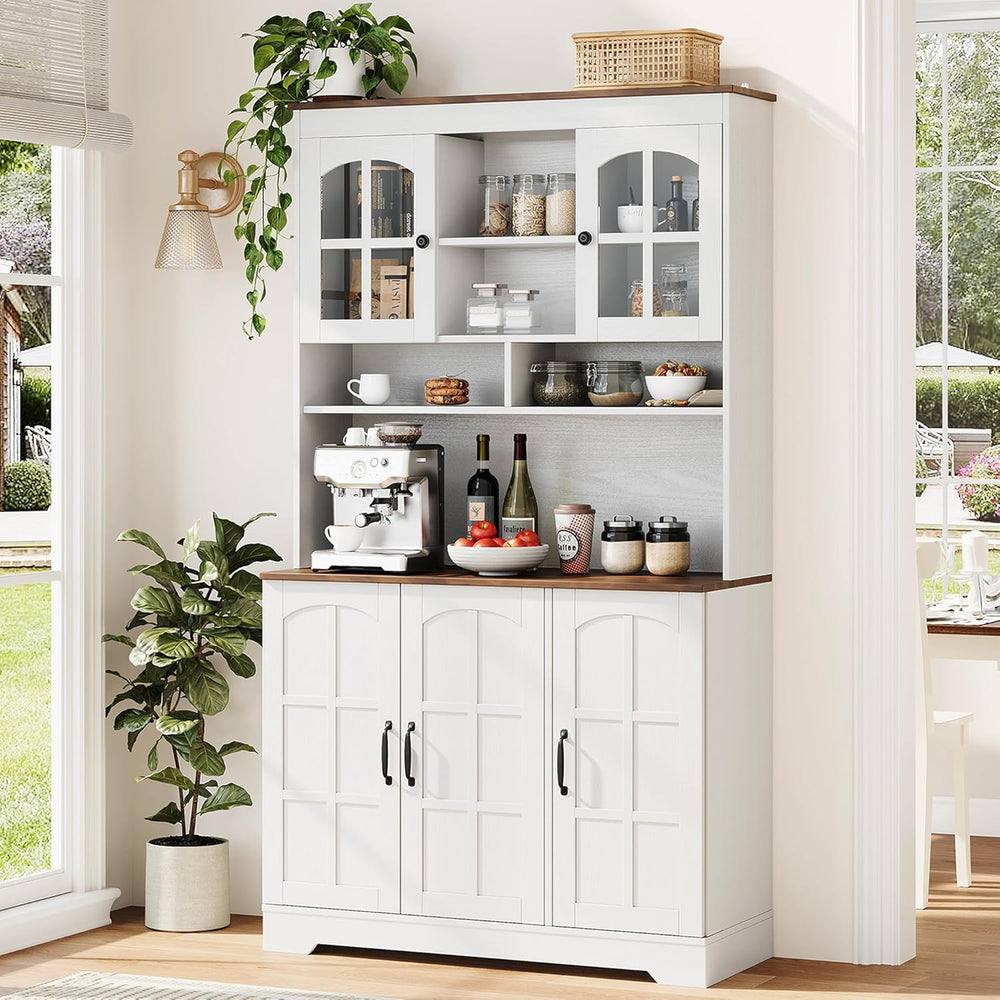 Tall Kitchen Pantry Cabinet with Glass Doors and Hutch, 70.9'' Storag...