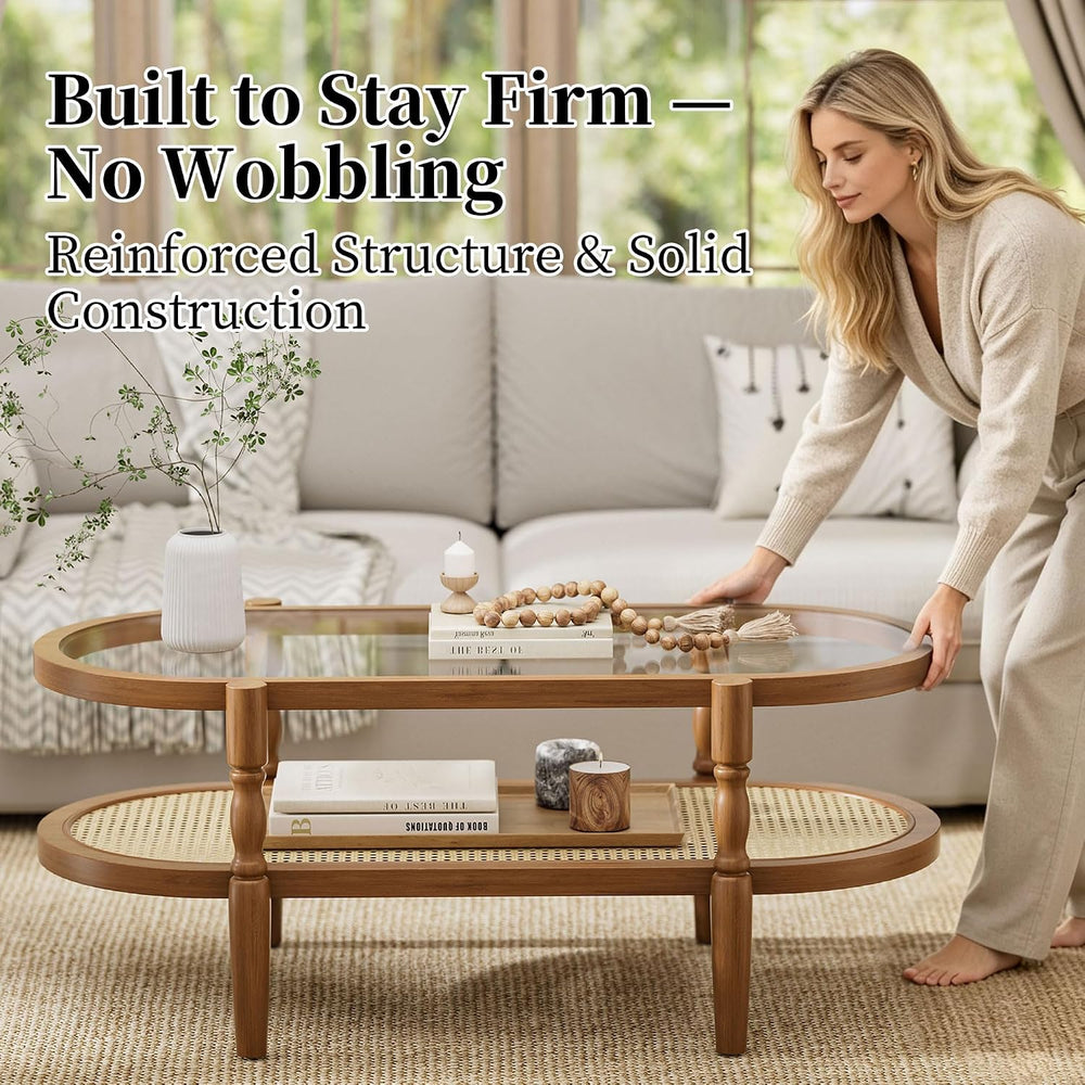 Rattan Coffee Table for Living Room, Oval Wood Glass Table, Brown, 40 inch