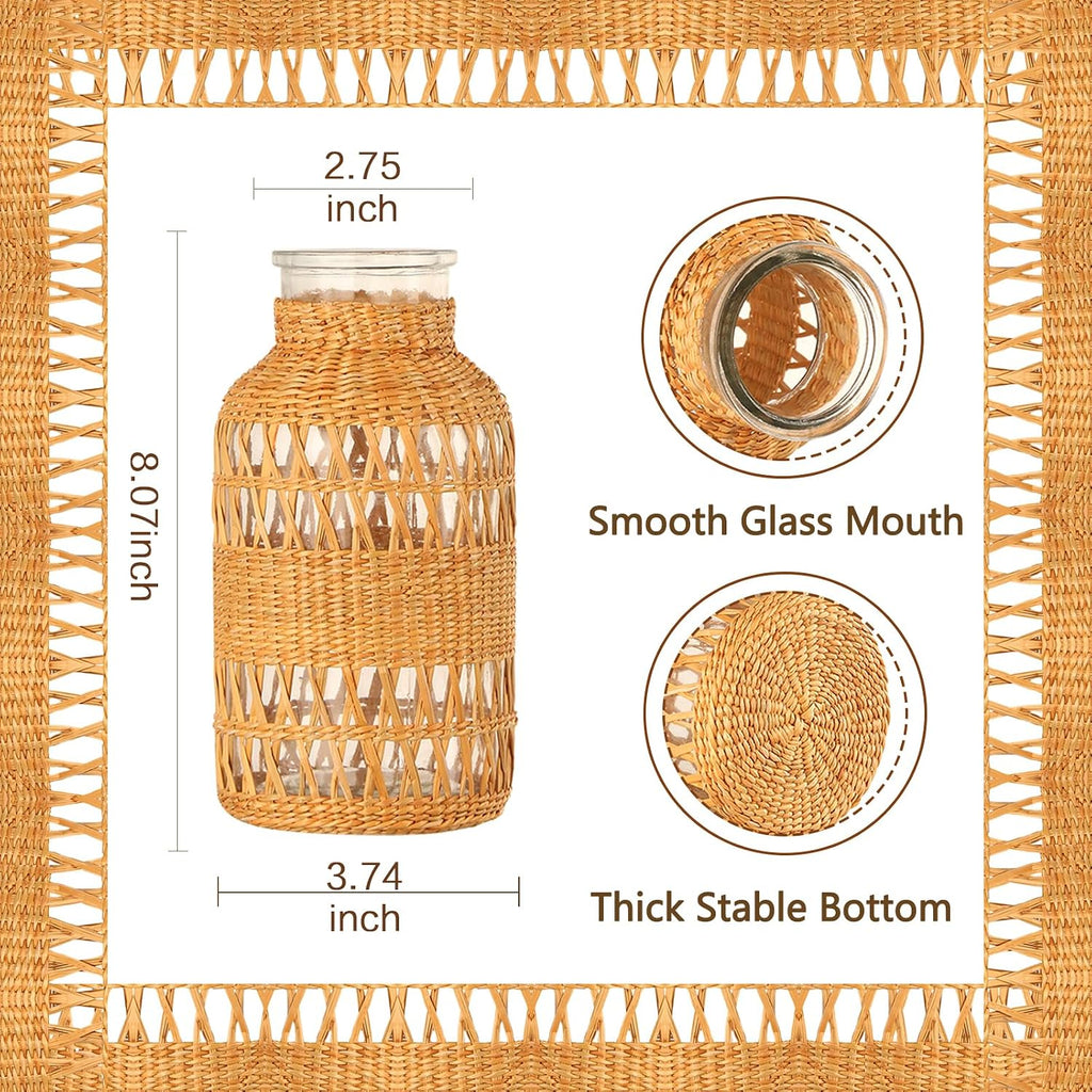 ZENS Rattan Boho Vase, Hand Woven Wicker Cover Glass Flower Vases for Pampas Grass, Artistic Boho Style Country Vase for Fall Flower Decor, Home Table Centerpiece, Farmhouse Decorative