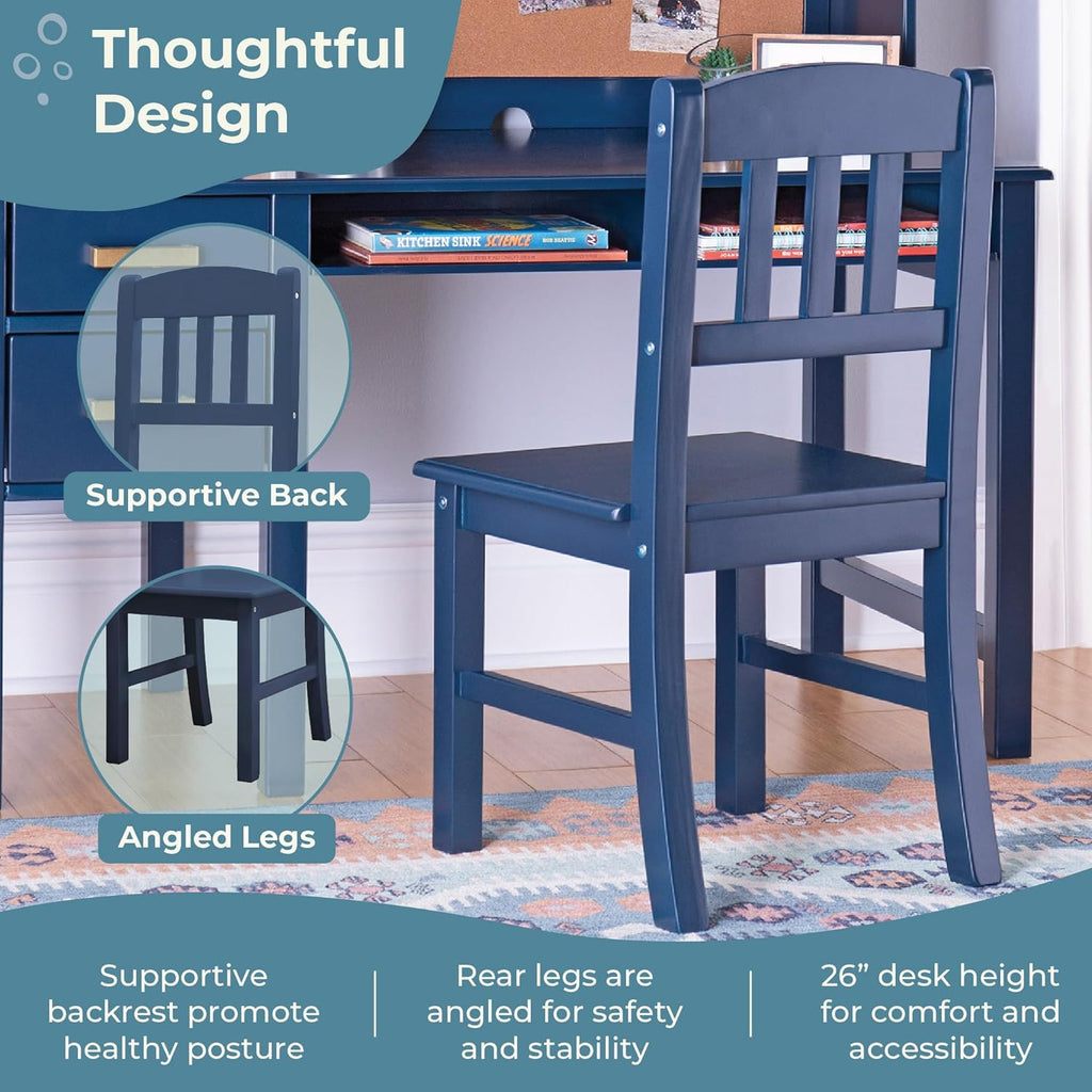 Guidecraft Taiga Kids Desk and Chair Set with Hutch - Navy: Wooden Computer Desk & Workstation | Kids Table with Storage, Drawers and Cubby Shelves, Children's Study Table & Chair Set