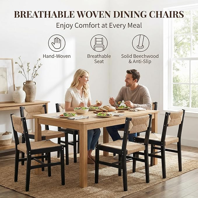 Mid Century Modern Rattan Dining Chairs Set of 6 Black Beechwood Kitchen Chairs Farmhouse Woven Dining Room Chairs Armless Boho Cane Wicker Chair Wooden Dining Chairs with Weave Hemp Seat and Backrest