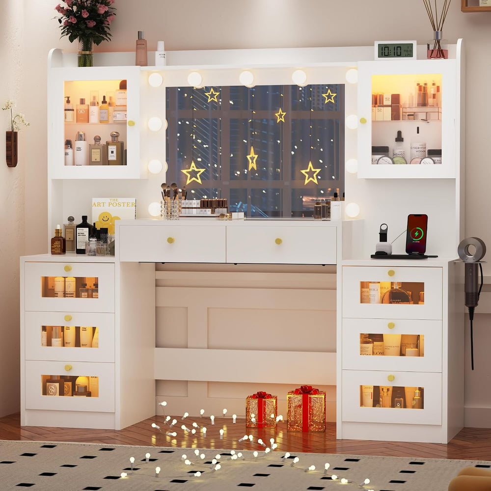 62 Inch Large Makeup Vanity Desk with Mirror and Lights 3 Color Lighting, Gla...