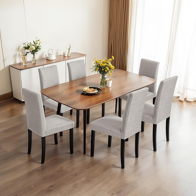 CHUN YI Upholstered Dining Chairs Set of 6, Fabric Dining Room Chairs with Solid Wood Legs, Modern Parson Chairs for Kitchen, Restaurant, Hotel, Light Gray