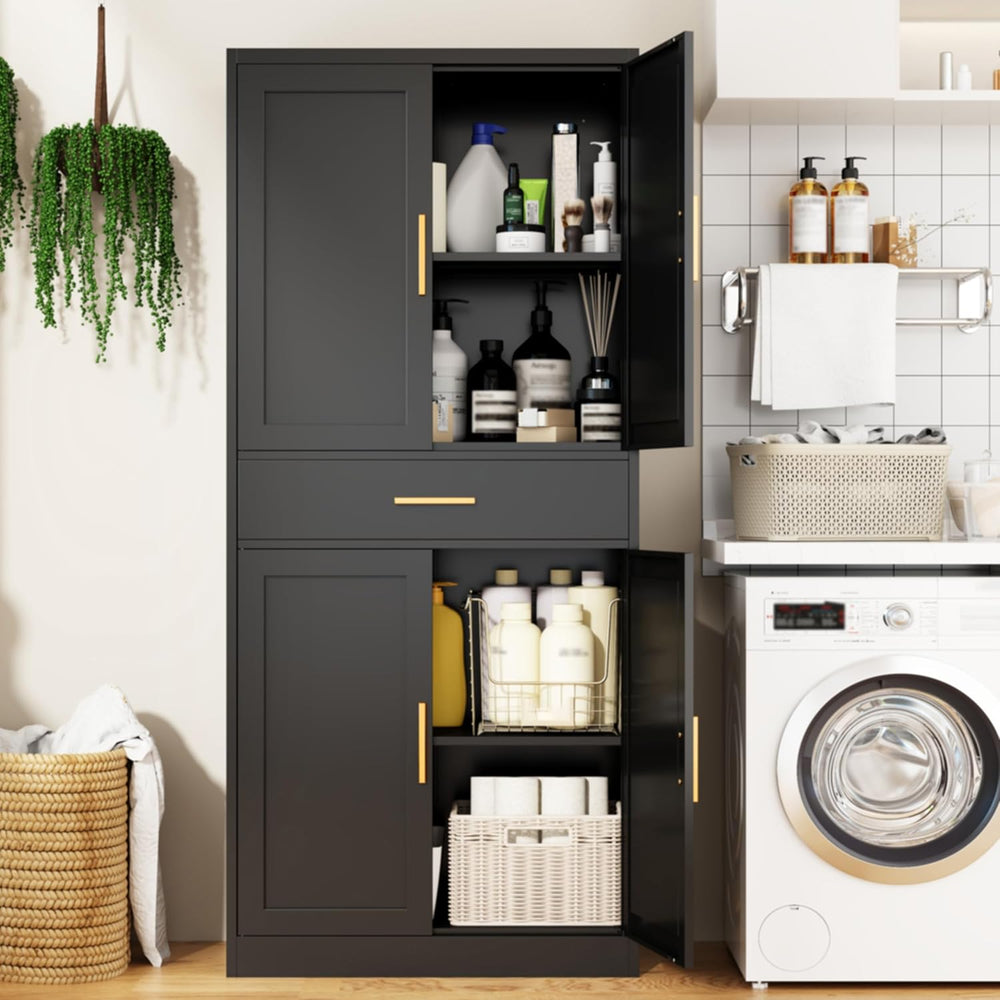 Kitchen Pantry Cabinet, 71”H Metal Storage Cabinet with 1 Drawer, Doors and 2...