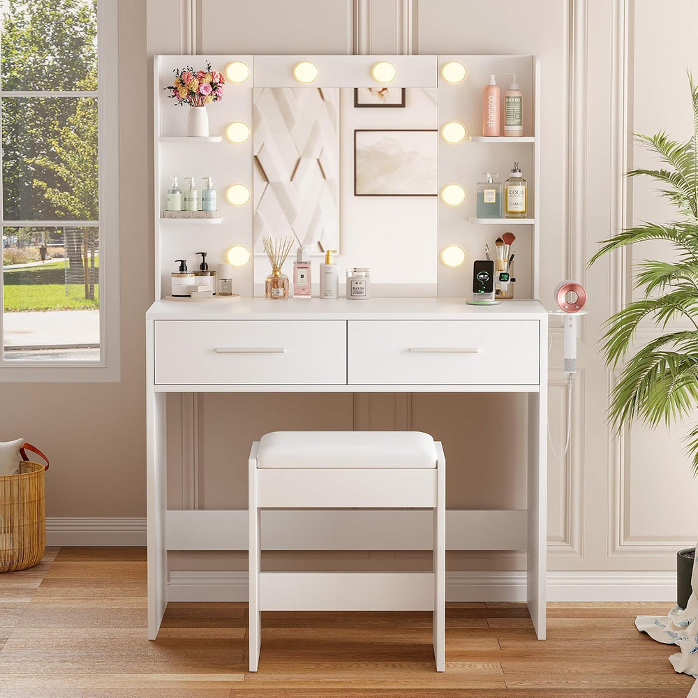 YESHOMY Vanity Desk with Mirror, Makeup Table, Milk White | 2 Large Drawers, ...