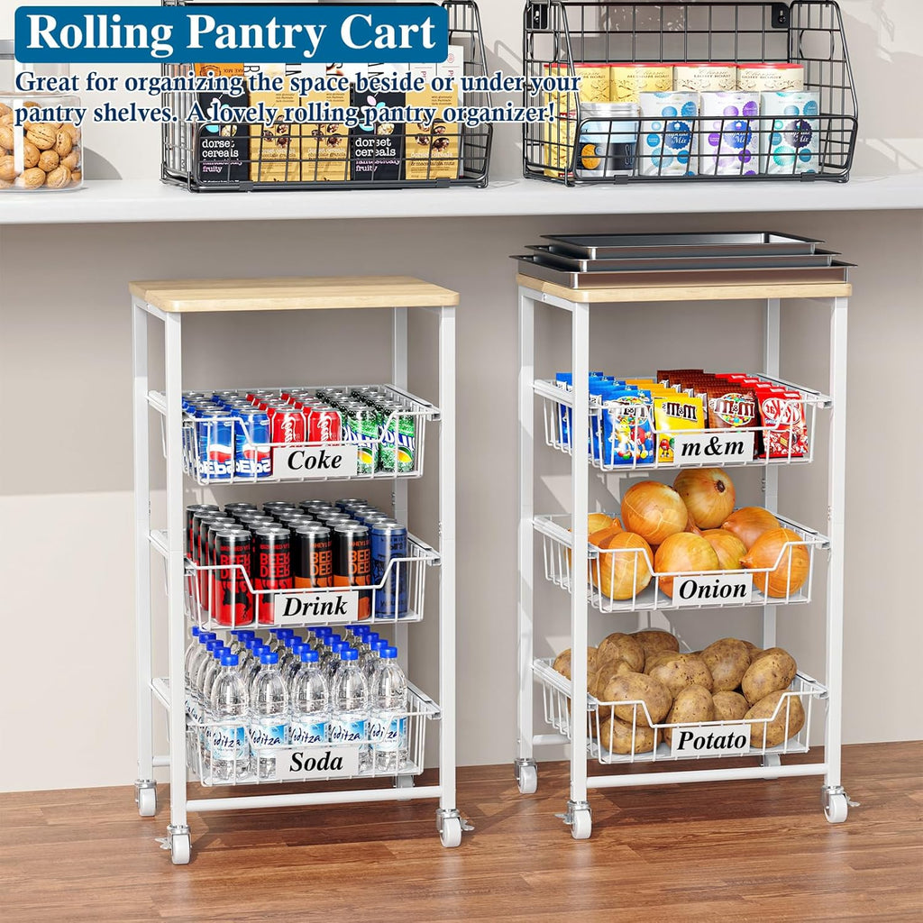 4-Tier Small Kitchen Storage Cart on Wheels with Pull-Out Drawers, Rolling Pantry and Snack Organizer Cart with Wood Top, Kitchen Floor Fruit Basket Stand for Fruit Potato Onion Veggie Snack