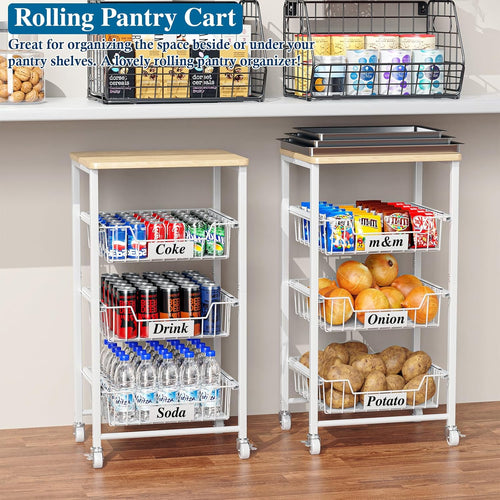 4-Tier Small Kitchen Storage Cart on Wheels with Pull-Out Drawers, Rolling Pantry and Snack Organizer Cart with Wood Top, Kitchen Floor Fruit Basket Stand for Fruit Potato Onion Veggie Snack