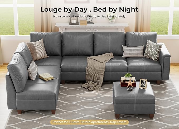 SITJOY 118" Faux Leather Modular Sectional Sofa with Storage, Mid Century Modern Sectional Couches for Living Room, Soft Padded Armrests, 7 Seat L Shaped Couch with Ottoman, Gray