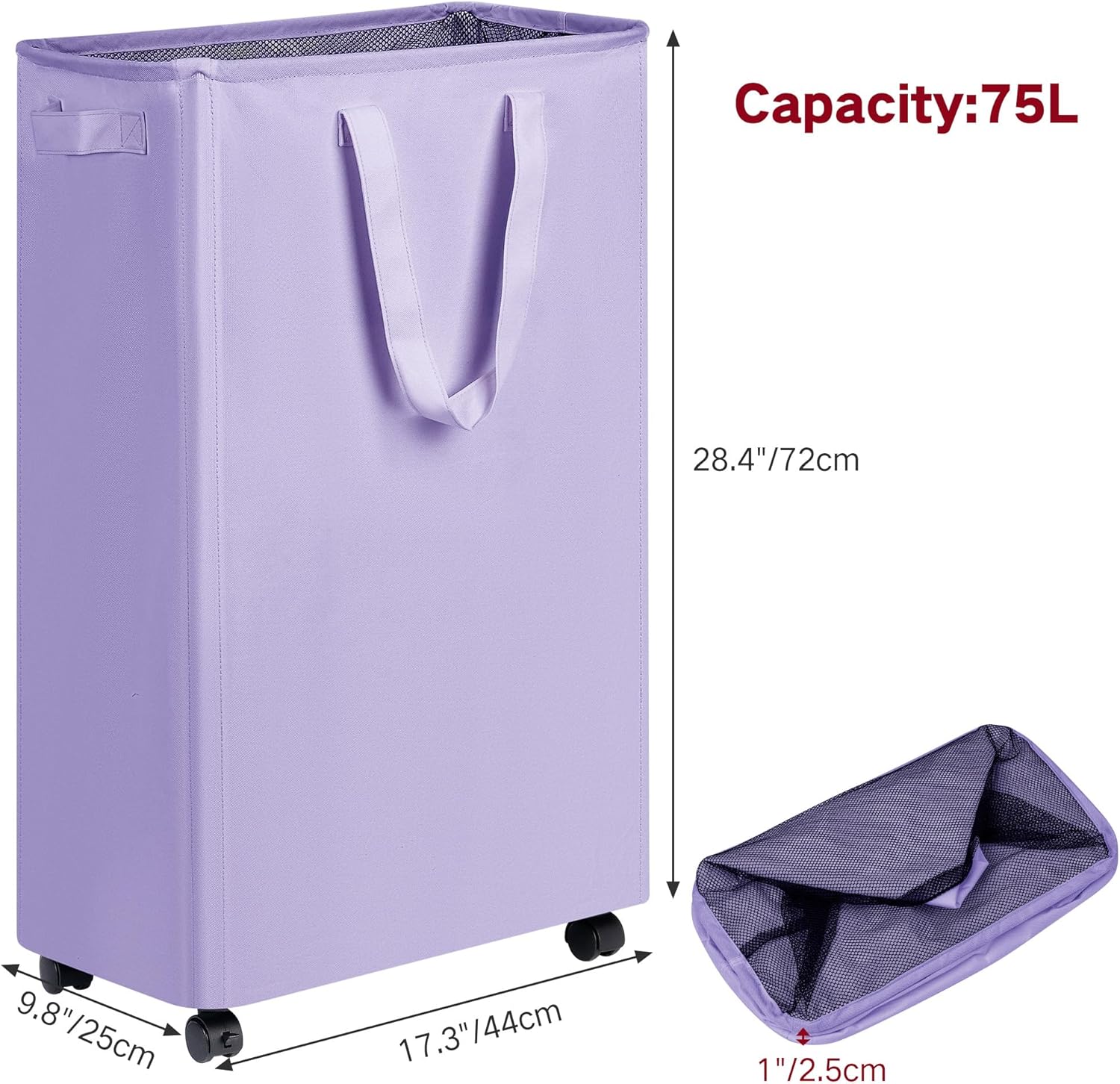 efluky Slim Laundry Hamper with Wheels, Rolling Laundry Basket for Clothes, Small Laundry Basket for Bedroom, Dorm and Laundry Room, 75L (19.8 Gallons) Purple