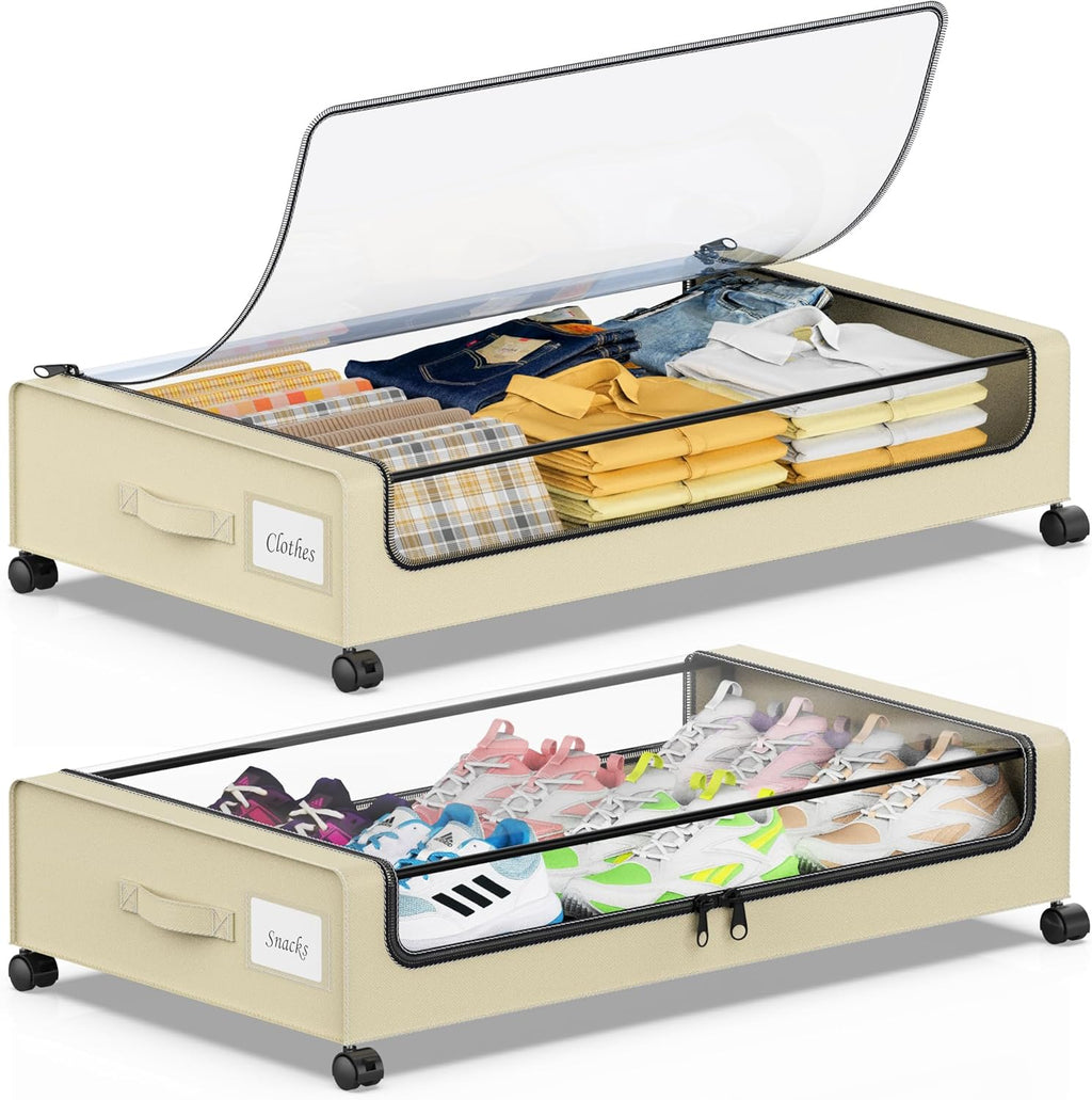 Beborxue Under Bed Storage with Wheels, 2-Pack Under the Bed Storage Containers with Lids, XXL 60L Under Bed Shoes Storage Organizer Bins, Rolling Underbed Storage for Clothes, Shoes, Blankets (Beige)