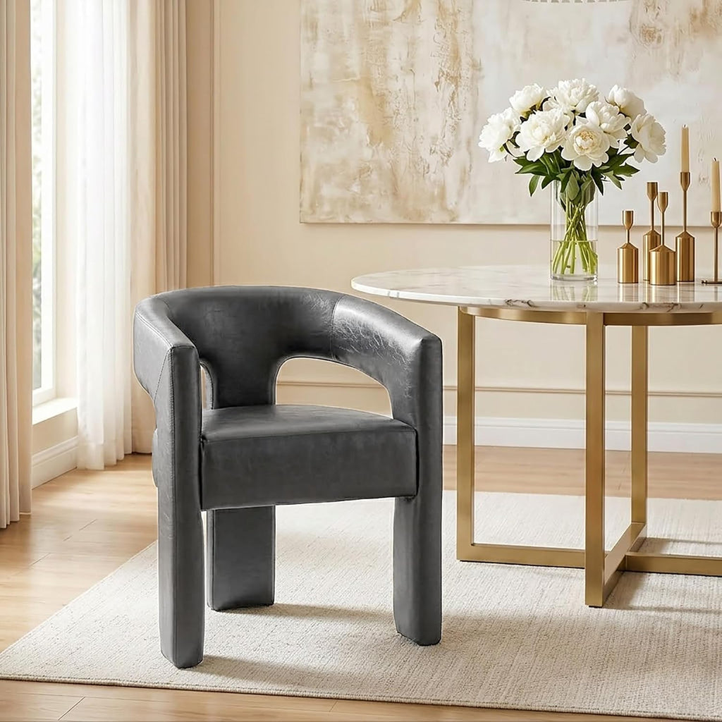 Modern Barrel Dining Chair, Comfy Faux Leather Upholstered Chairs with Open-Back, Assembled Vanity Chair, PU Leather Accent Chair Side Armchair for Dining Room, Kitchen, Living Room（Grey）