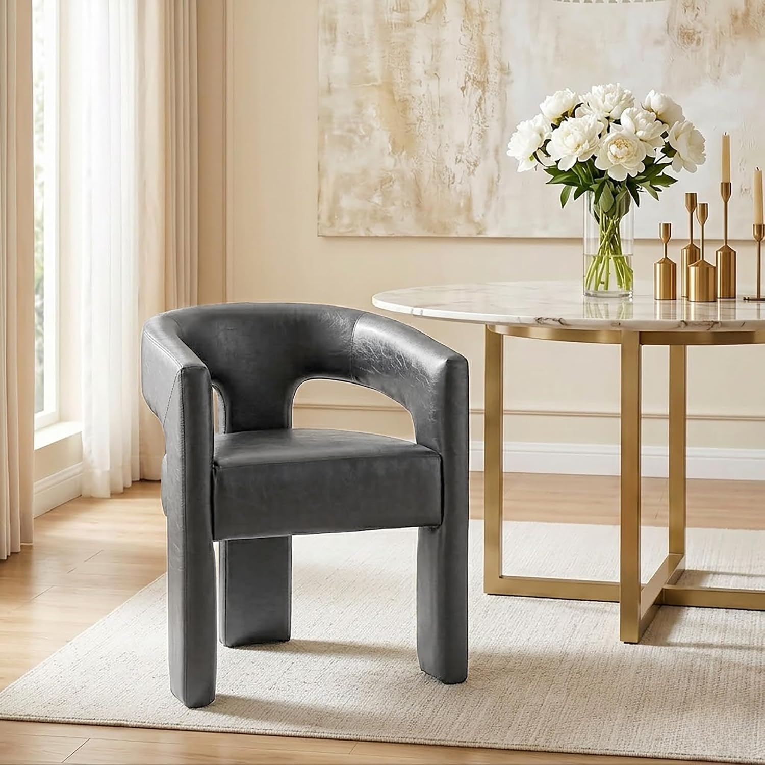 Modern Barrel Dining Chair, Comfy Faux Leather Upholstered Chairs with Open-Back, Assembled Vanity Chair, PU Leather Accent Chair Side Armchair for Dining Room, Kitchen, Living Room（Grey）