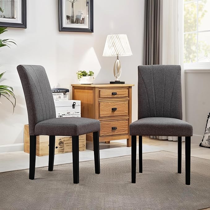 VECELO Upholstered Dining Chairs Set of 2, Modern Fabric and High Back & Solid Wood Legs, Parsons for Kitchen/Living Room- Dark Gray