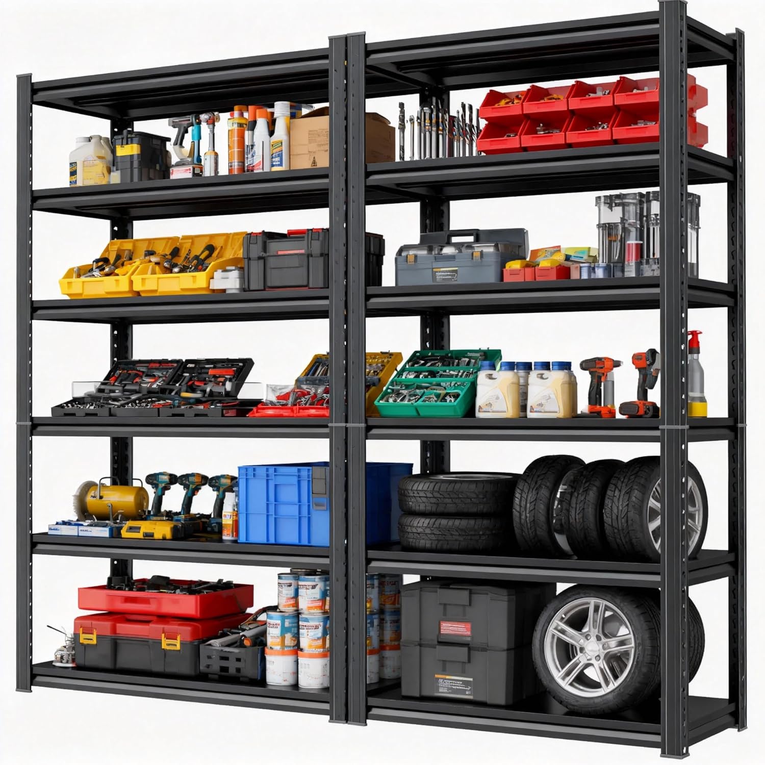Storage Shelves, Garage Metal Shelving Unit, Adjustable, Double-Layer Column with Reinforced Ribs, Heavy-Duty, Capable of Bearing 3000 lbs, Suitable for Garage, Warehouse, Kitchen Storage