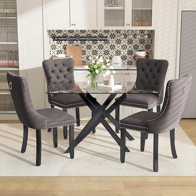 51 Inch Glass Dining Table Set for 4, Rectangular Glass Kitchen Table with 4 Upholstered Velvet Accent Chairs, 5 Piece Modern Dining Room Set, for Home, Apartment, Small Spaces - Grey Black