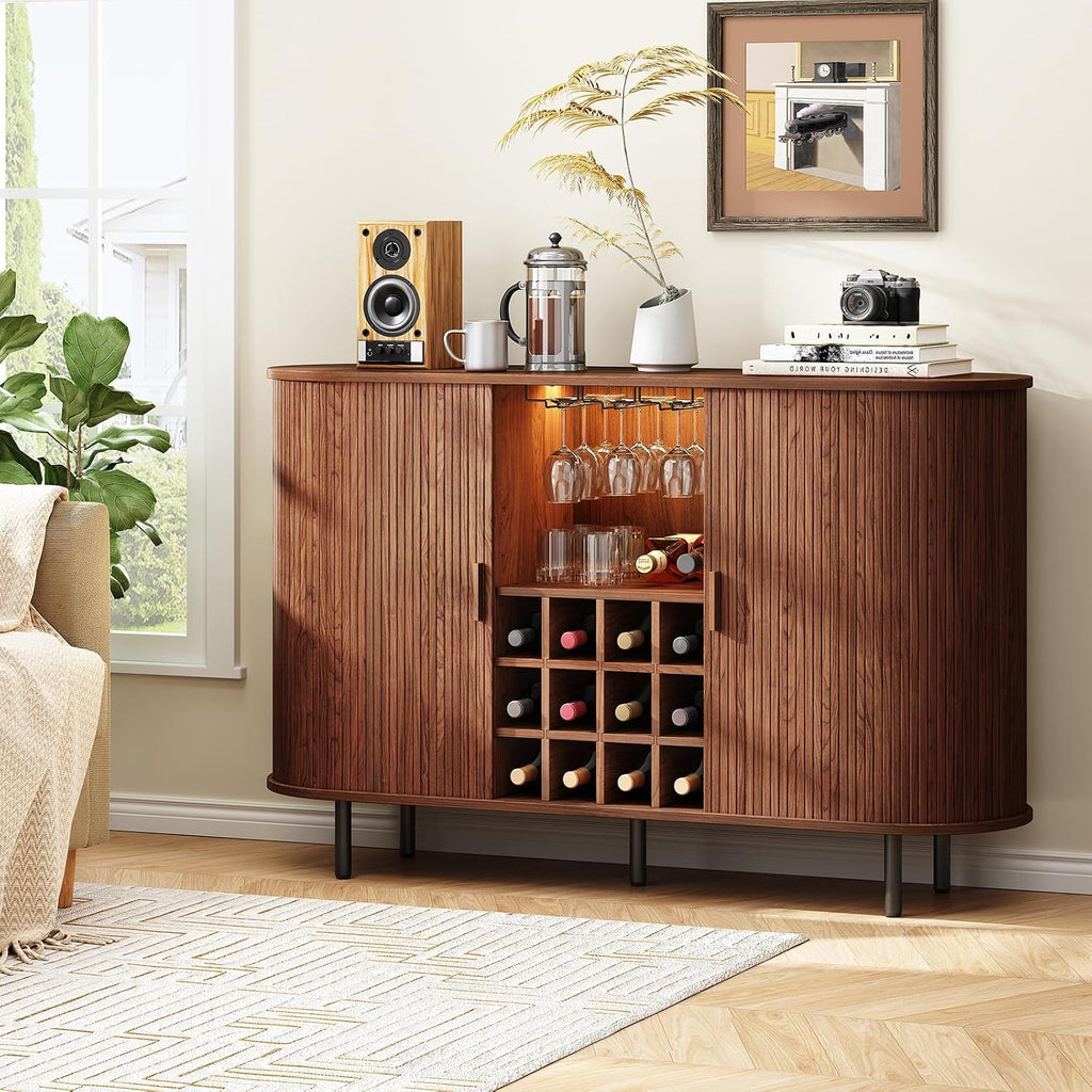 ONBRILL 55" Wine Bar Cabinet with LED Light, Modern Fluted Liquor Whiskey Home Bar with Wine Rack and Glass Holder, Farmhouse Buffet Sideboard with Storage for Living Room, Kitchen, Entryway (Walnut)
