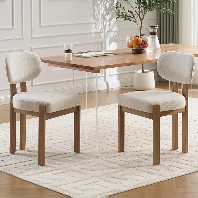 Wooden Dining Chairs Set of 2, Mid Century Modern Chenile Upholstered Dining Room Chair Kitchen Chairs with Solid Wood Legs, Farmhouse Dinner Chair for Kitchen Restaurant Living Room, Beige