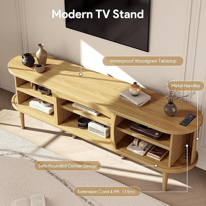 Mid Century TV Stand for TVs up to 80 Inches, Entertainment Center with Storage, Power Outlet, Fluted Sliding Doors & Adjustable Shelves, Modern Media TV Console Table for Living Room (Oak)