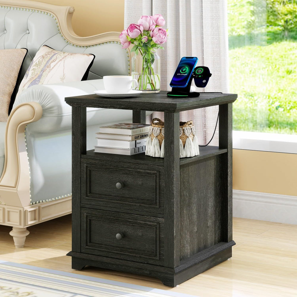 MUUEGM Night Stand with Charging Station, Dark Rustic Nightstands 18 Inch Bed...