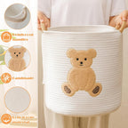 Large Blanket Baskets for Living Room, Teddy Bear Baskets Toy Storage Basket, 14" x 14" Woven Cotton Rope Basket for Kids, Toys Organizer Clothes Hamper with Embroidery, Teddy Bear Nursery Decor