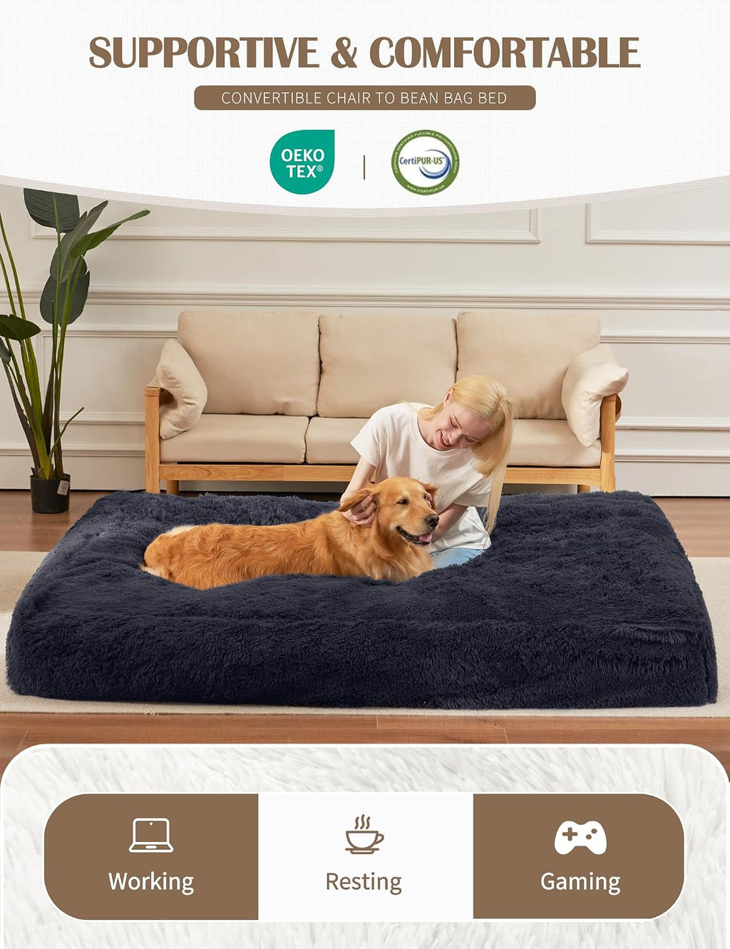 Bean Bag Chairs for Adults Teens Convertible Chair Mattress, Bean Bags Chair with Removable Plush Cover, Sleeper Chair that Turns into Mattress, Full, Dark Grey