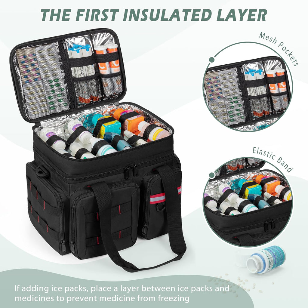 Medicine Organizer Bag with Insulated Pocket for Travel, Pill Bottle Storage Bag with 4 Customized Dividers & Shoulder Strap for Medication, Insulin and First Aid Supplies, Black (Bag ONLY)