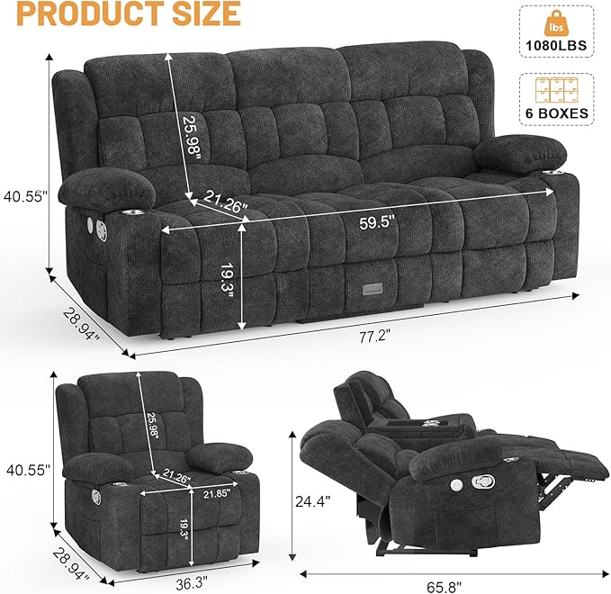 Loveseat Recliner Sofa Set, Flip Middle Backrest Design 3 Seater Reclining Sofa and 2PC Single Oversized Recliner Chair, Manual Couches for Living Room/RV (Gray,3+1+1)