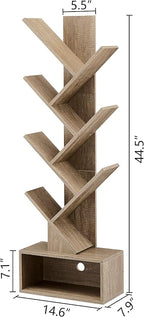 Hoctieon 6 Tier Tree Bookshelf, Tall Bookcase with Drawer, Freestanding Book Shelf, Display Floor Standing Storage Shelf, Book Organizer Shelves for Home Office, Living Room, Bedroom, Greige