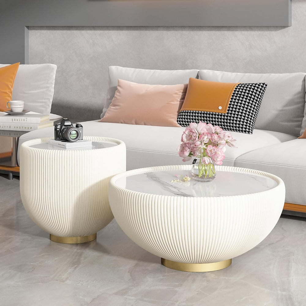 Modern Round End Table, Elegant Bowl Shaped Accent Sofa Side Table with Sinte...