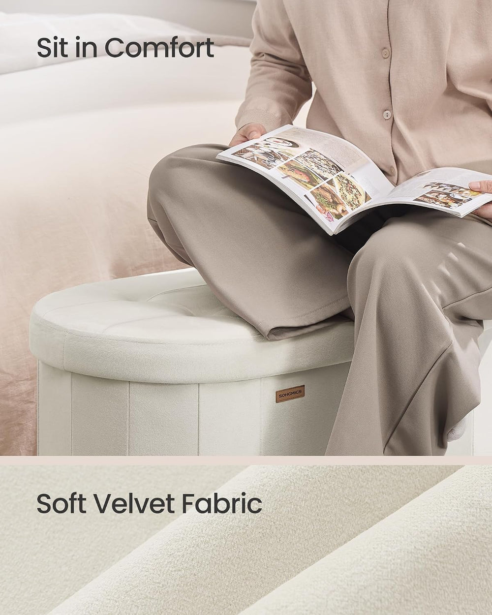 SONGMICS Folding Ottoman with Storage, Oval Bench, Velvet Fabric | For Living...