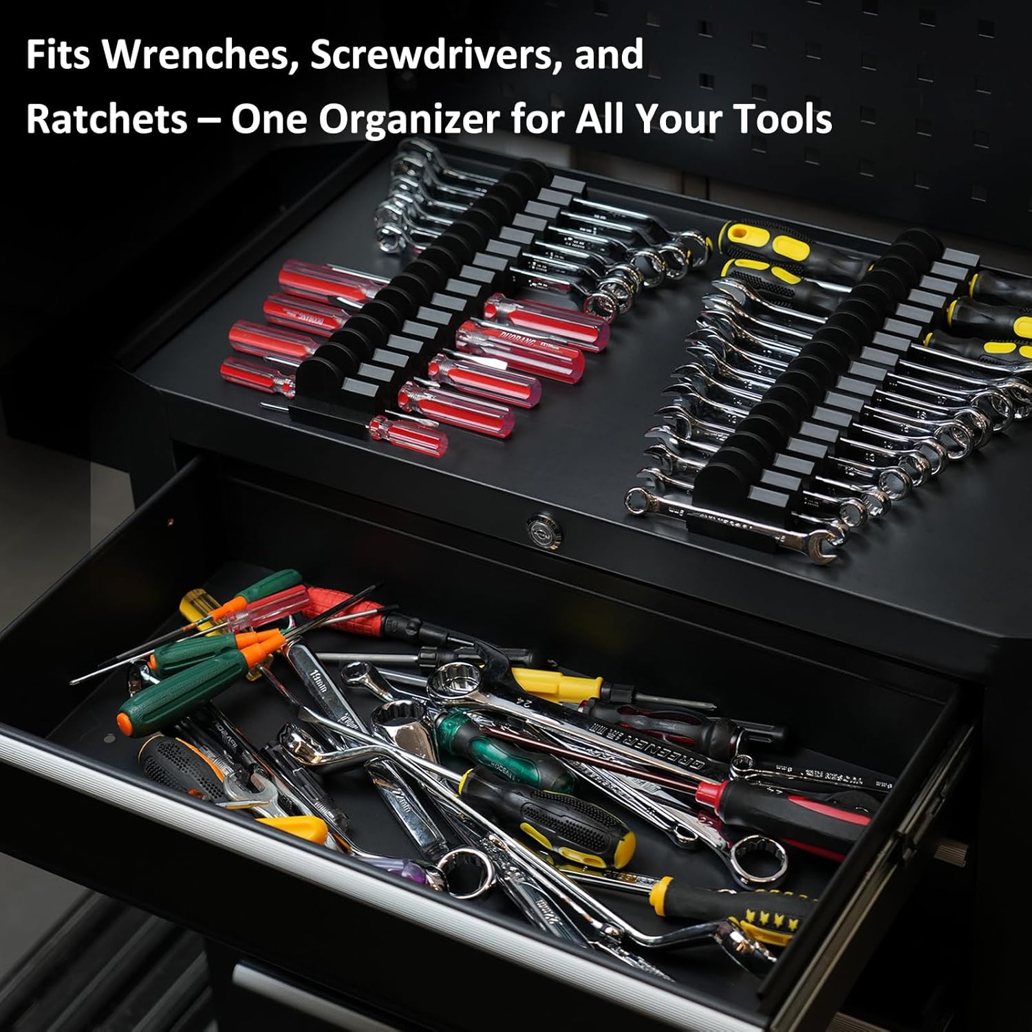 80 pcs Modular Wrench Organizers for Tool Drawers - Wrench Rack with Metric & SAE Labels, Perfect Tool Storage Holder. Gift for father, brother and boyfriend (No Magnet, Black)