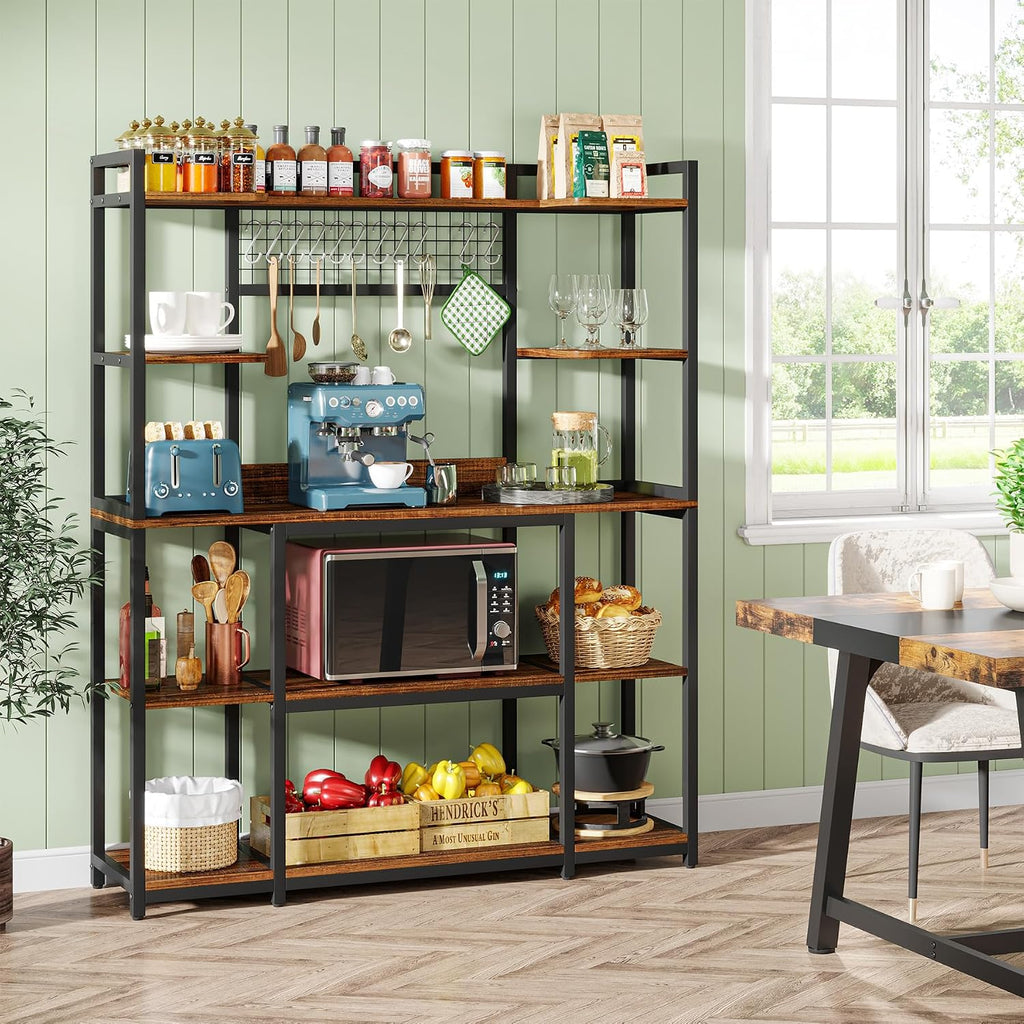 Tribesigns Large Bakers Rack, 55" Wide Kitchen Hutch Cabinet Microwave Stand with 11 Hooks, 5-Tier Baker’s Rack Kitchen Storage Shelf with Hutch, Rustic Brown