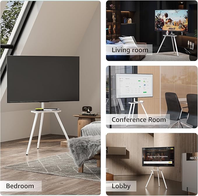 Tripod Easel TV Stand for 43 to 65 Inch LCD Led Screen, Height Adjustable and Swievel TV Stand, Portable TV Floor Stand with Wooden Tray for Bedroom, Living Room, Studio, Metal White.