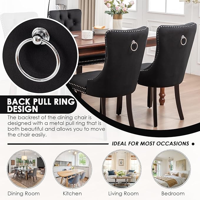Kiztir Velvet Dining Chairs Set of 2, Upholstered Dining Room Chairs with Ring Pull Trim and Button Back, Luxury Tufted Modern Dining Chair for Living Room, Bedroom, Kitchen (Black)