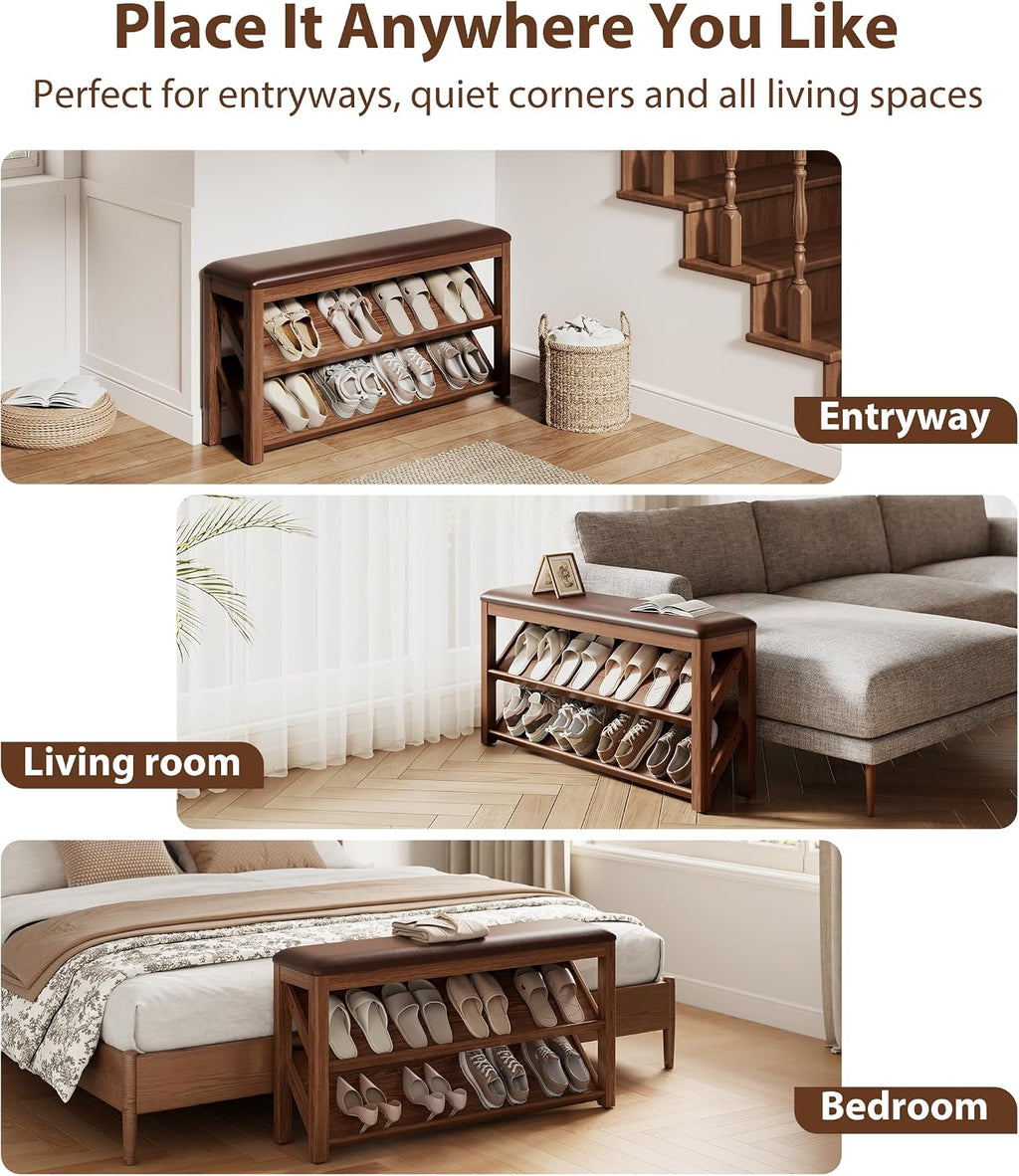 AQIMUELE Rubberwood Shoe Bench with Leather Cushion and Slanted Shelves | Solid Wood Shoe Storage Bench with 2 Tier Shelves and Anti-slip Foot Pads,Shoe Rack for Entryway,Hallway,Living Room,Walnut