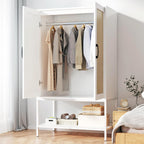 Wardrobe Closet, Wooden Closet Organizers with 2 Doors and Bottom Storage Shelf for Bedroom, Almirah for Clothes, Rattan Wardrobe Cabinet with Hanging Rail and Soft Hinge, Metal Leg(White)