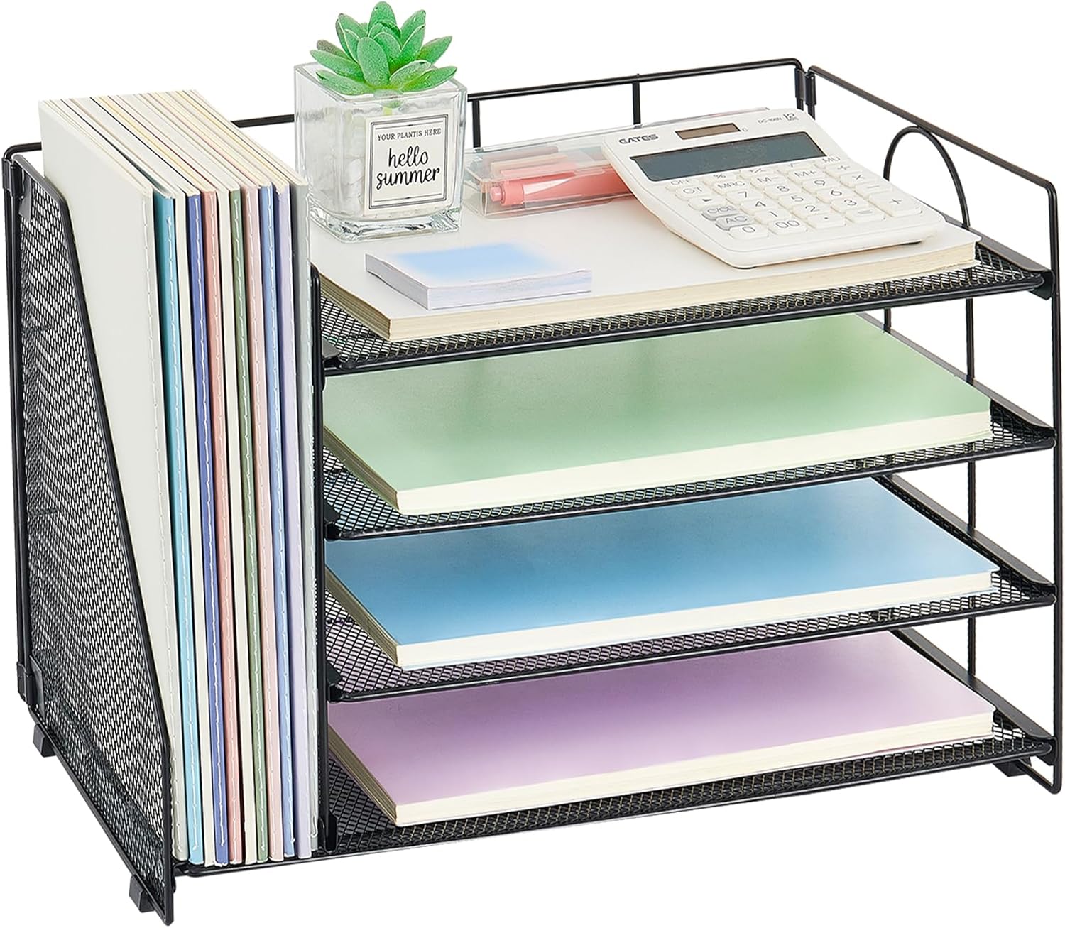 OPNICE 4-Tier Paper Organizer with Magazine Holder, Desk Organizers and Accessories, Office Desk Accessories & Workspace Organizers, Desktop File Organizer for Office Supplies Storage, Black