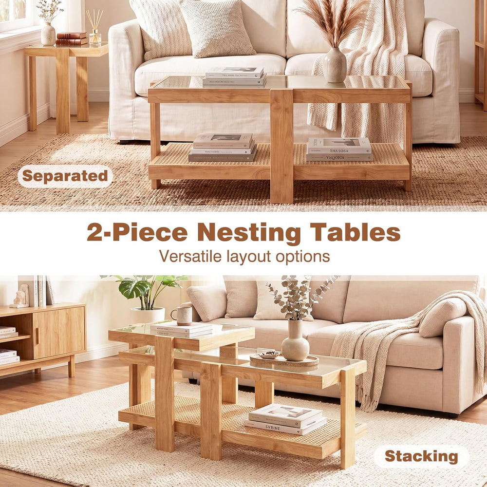 Giantex Nesting Coffee Table Set of 2, Boho Rattan Accent Table with Tempered...