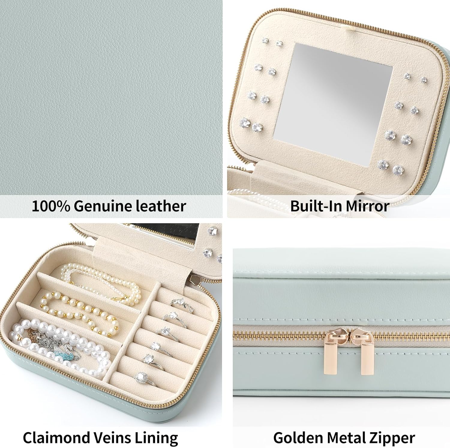 Genuine Leather Travel Jewelry Organizer Case with Mirror for Women, Small Mini Portable Jewelry Box for Ring Earrings Necklace Bracelet Luxury Gift for Women（Cyan）