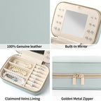 Genuine Leather Travel Jewelry Organizer Case with Mirror for Women, Small Mini Portable Jewelry Box for Ring Earrings Necklace Bracelet Luxury Gift for Women（Light Blue）