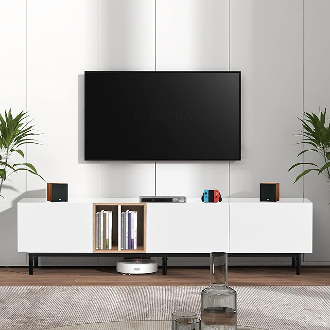 Modern 76.8" TV Stand for TVs Up to 80", Wooden Entertainment Center with 3 Cabinets & Open Shelves, Media Console with Storage for Living Room, Bedroom & Entertainment Spaces