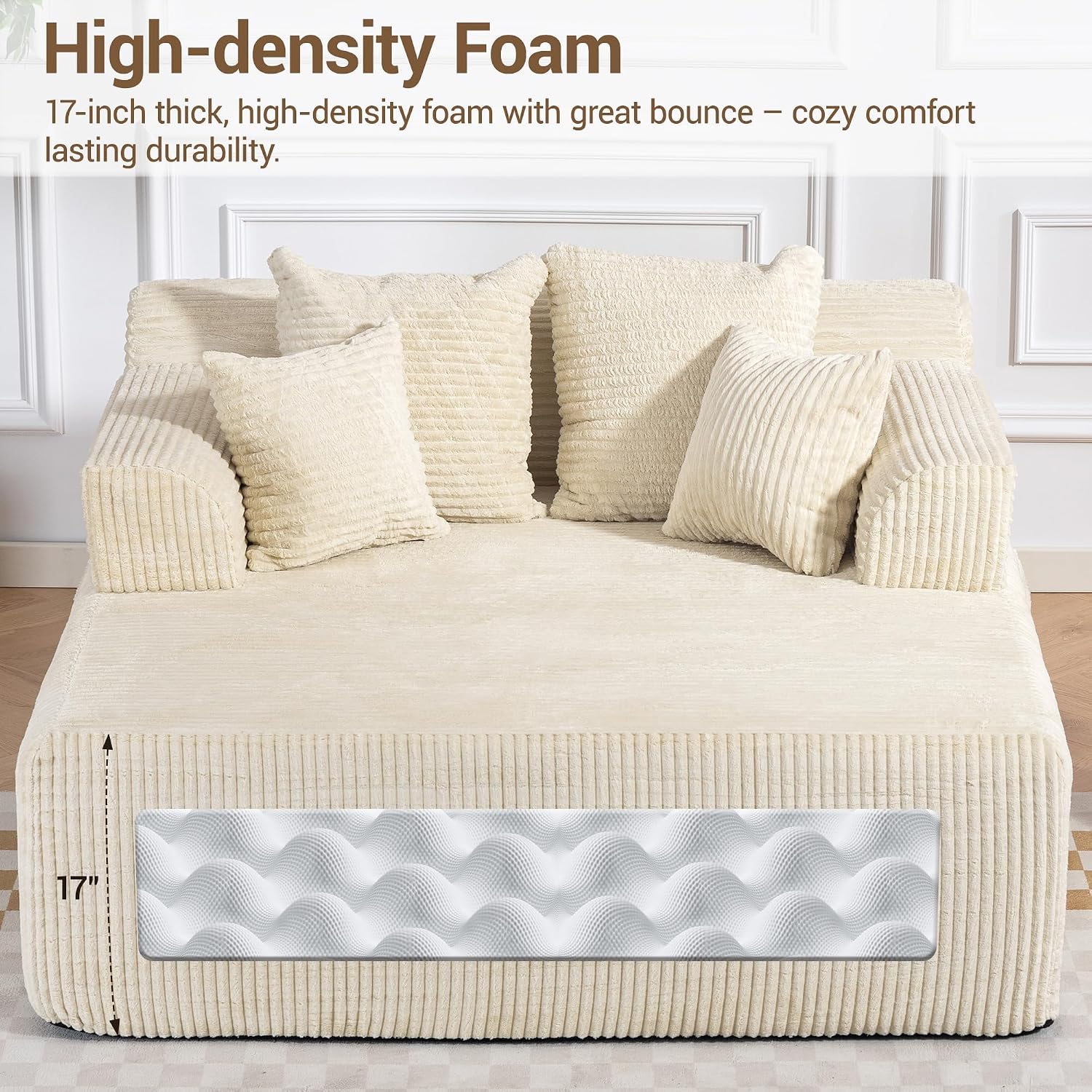 58" Oversized Boneless Chaise Chair, Beige | Corduroy Lounge Chair Indoor Sleeper Sofa Bed with Arms and 4 Pillows No Assembly for Bedroom Living Room