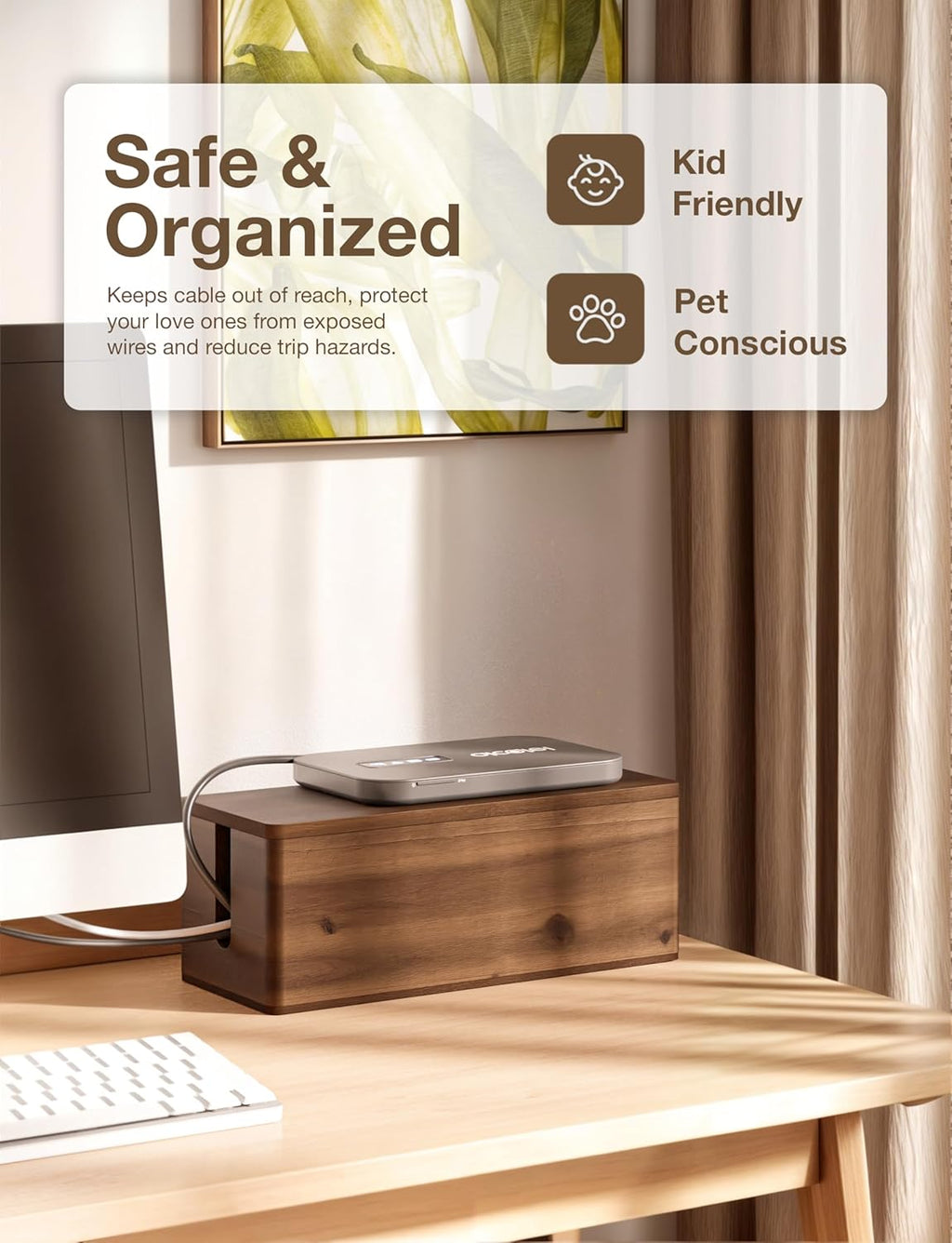 Acacia Wood Large Cable Management Box Round Edge - 16" L Wooden Power Strip Box, Surge Protector Box - Cable Hider Box for Office, Living Room - 2 Open Slots, Magnetic Lid (Walnut Color)