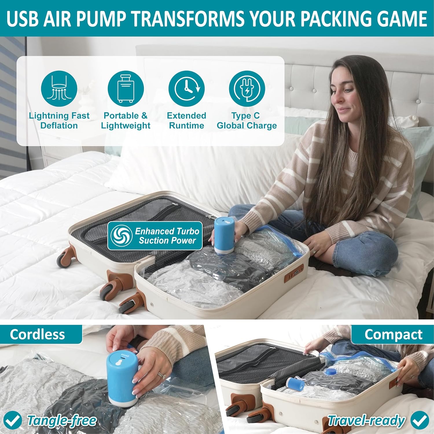 26 Pack Vacuum Storage Bags with Portable Rechargeable Wireless Electric Pump, Vacuum Seal Space Saver Bags for Clothing, Pillows, Blanket, Bedding, Comforters