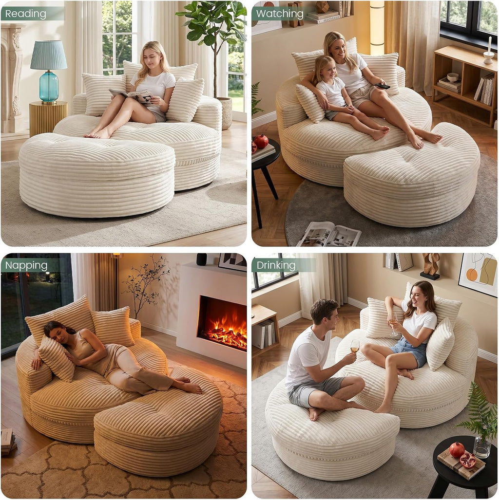 Oversized Round Chaise Lounge Chair, Deep Seat Cloud Boneless Floor Sofa Couch, Upholstered Corduroy Sleeper with 3 Pillows & Optional Ottoman, No Assembly Modern Lazy Floor Lounger for Living Room